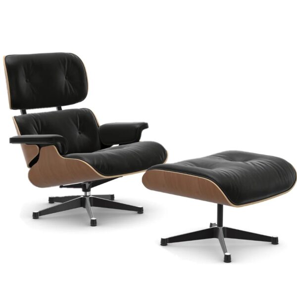 Lounge Chair & Ottoman Natural Cherry Black Leather Premium F Polished Sides Black Base